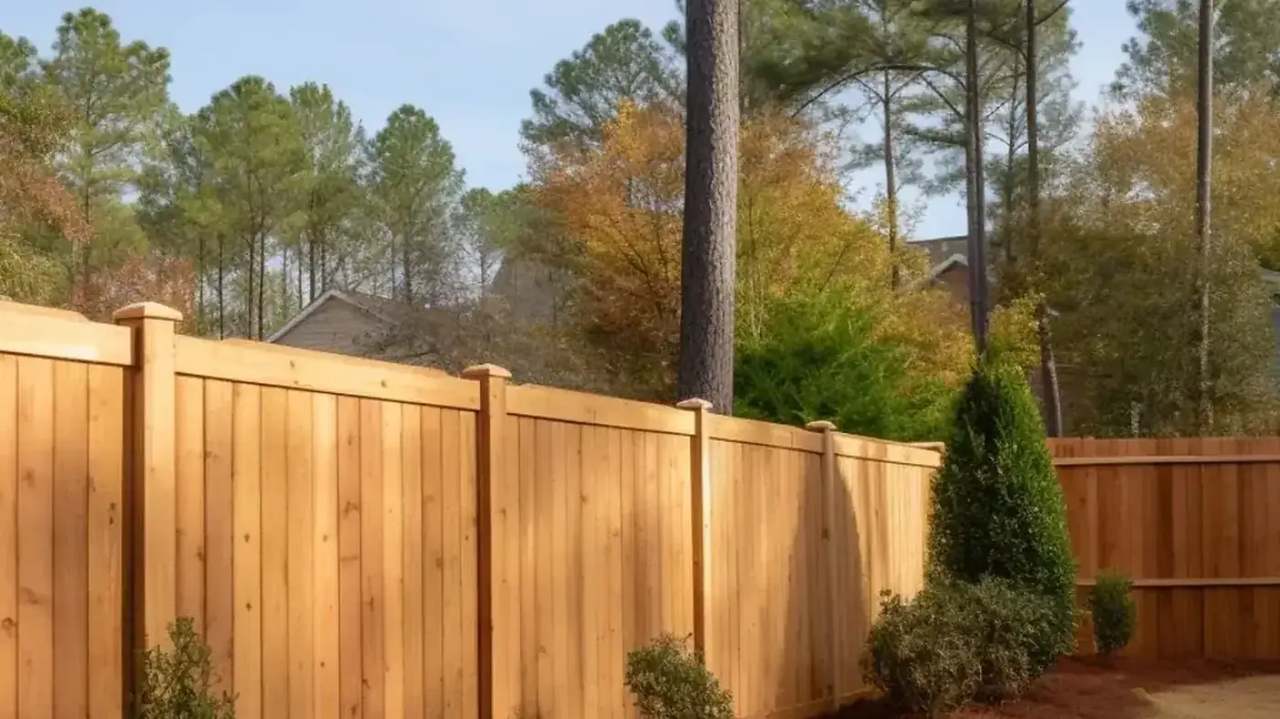 Close view of a stained wood privacy fence installed for a Hahira backyard