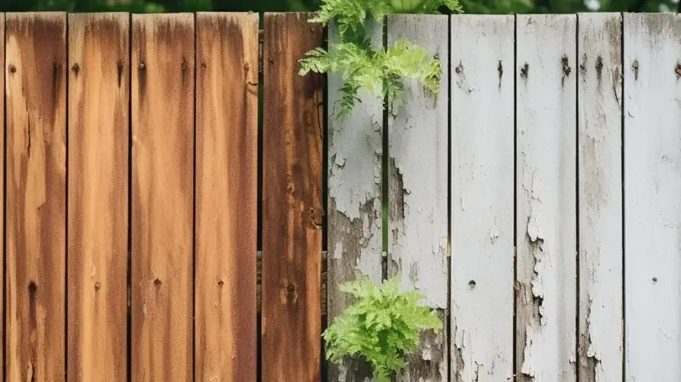 Weathered wood fence boards on a Quitman, Georgia property that need repair