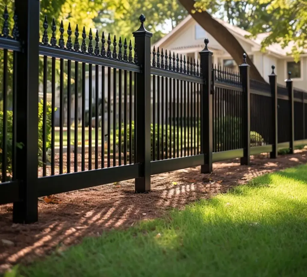 Black ornamental metal fence along a flat Valdosta street in front of a house