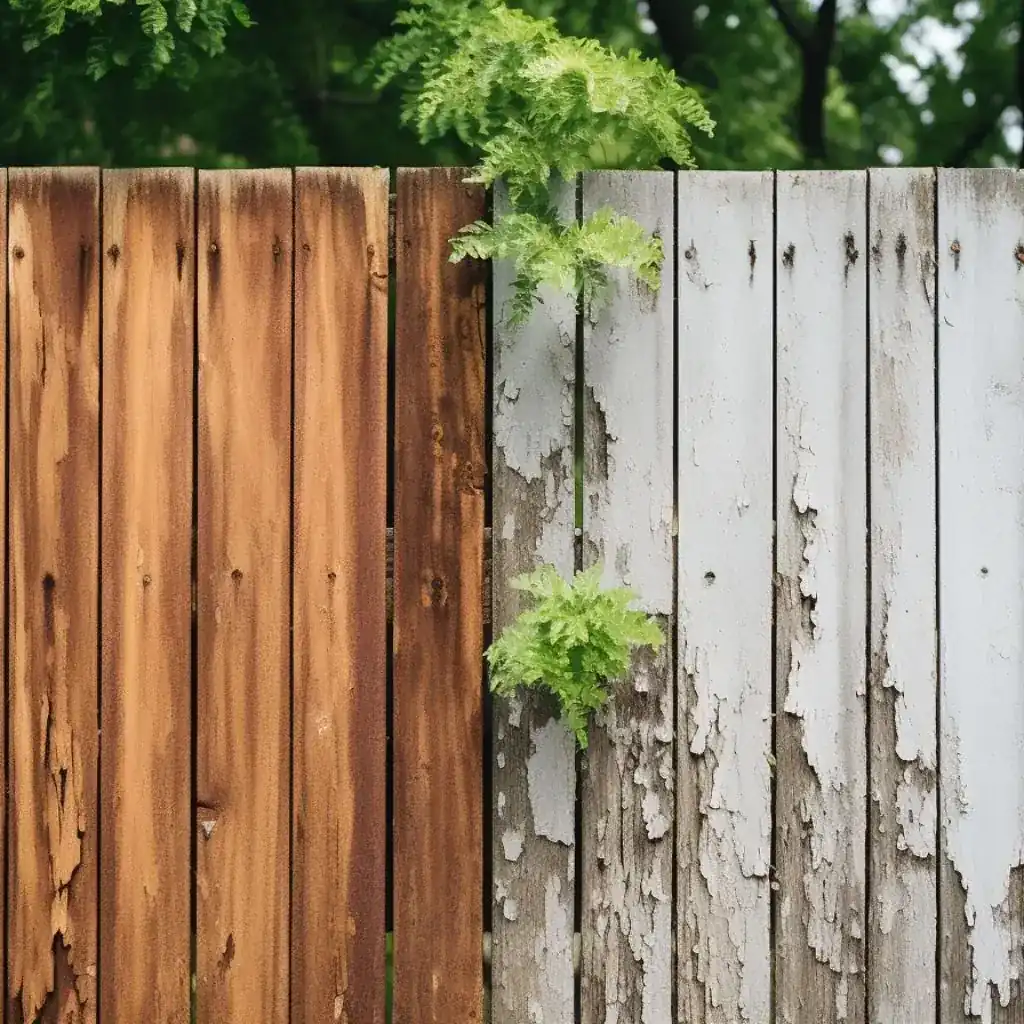 Wood fence boards showing rot and wear that need replacement