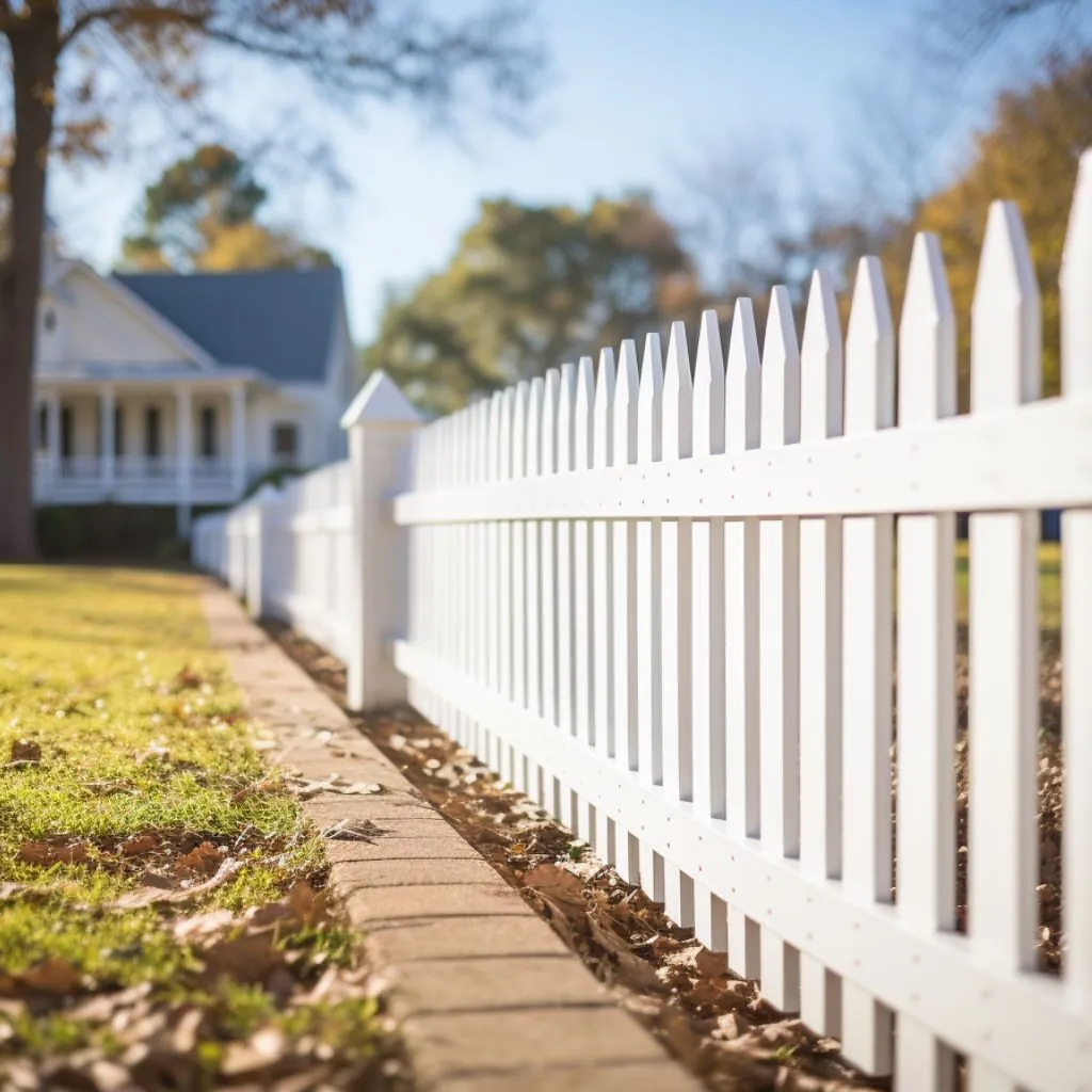 White vinyl fence line with posts and panels on a South Georgia lawn